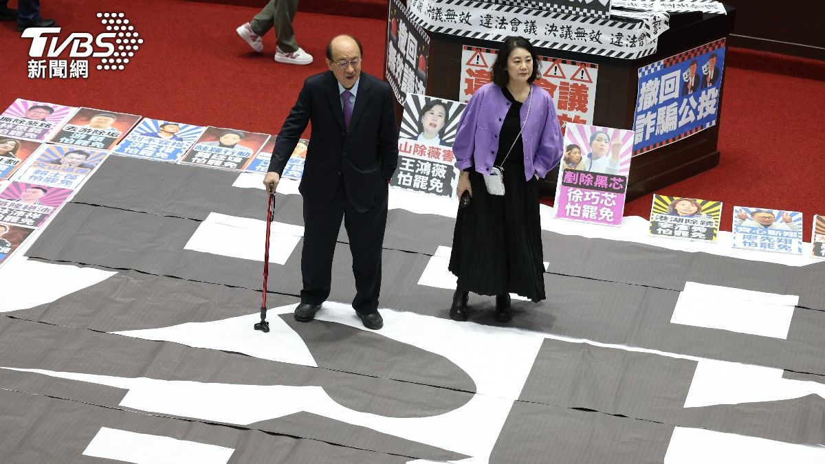 民進黨擺出「罷」字卡，柯建銘與吳思瑤站在議場中央。（圖/華子琛攝）