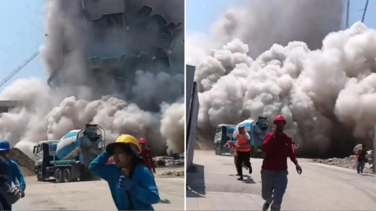 泰國興建中大樓倒塌，工人狂奔逃命。（圖／翻攝X）