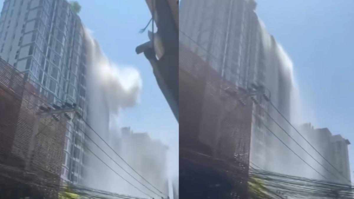 緬甸發生規模7.7強震，泰國清邁大樓頂樓泳池水一瀉而下。（組圖／當地網友提供）