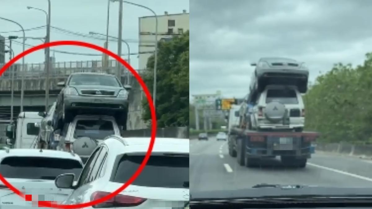 該聯結車將報廢車輛疊在一起，場面驚險。（圖／民眾提供）