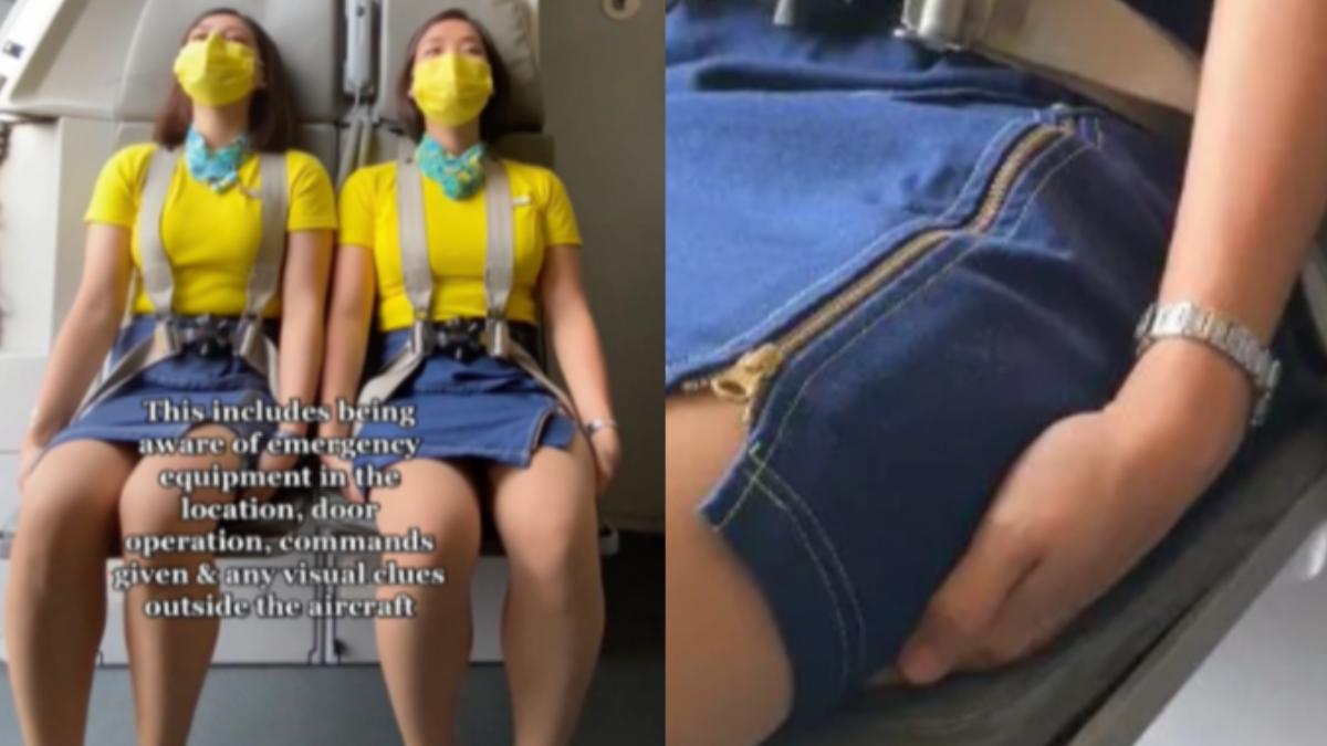 飛機起降時，空服員把雙手放在屁股下方。（圖／翻攝自TikTok @_hennylim_）