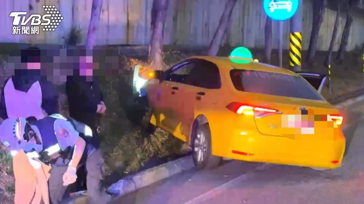 計程車衝向高速公路邊坡卡住。（圖／TVBS）