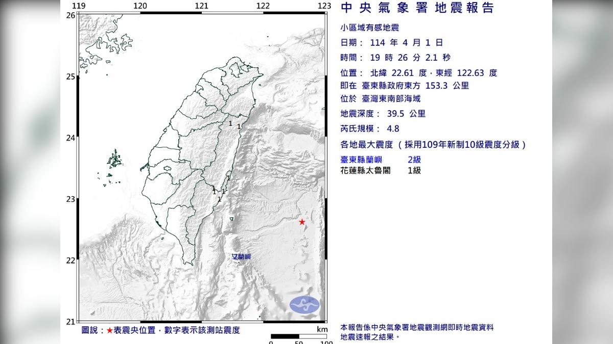 今(1)日晚間7時26分台灣東南部海域發生規模4.8地震。(圖/中央氣象署) 今(1)日晚間7時26分台灣東南部海域發生規模4.8地震。(圖/中央氣象署)