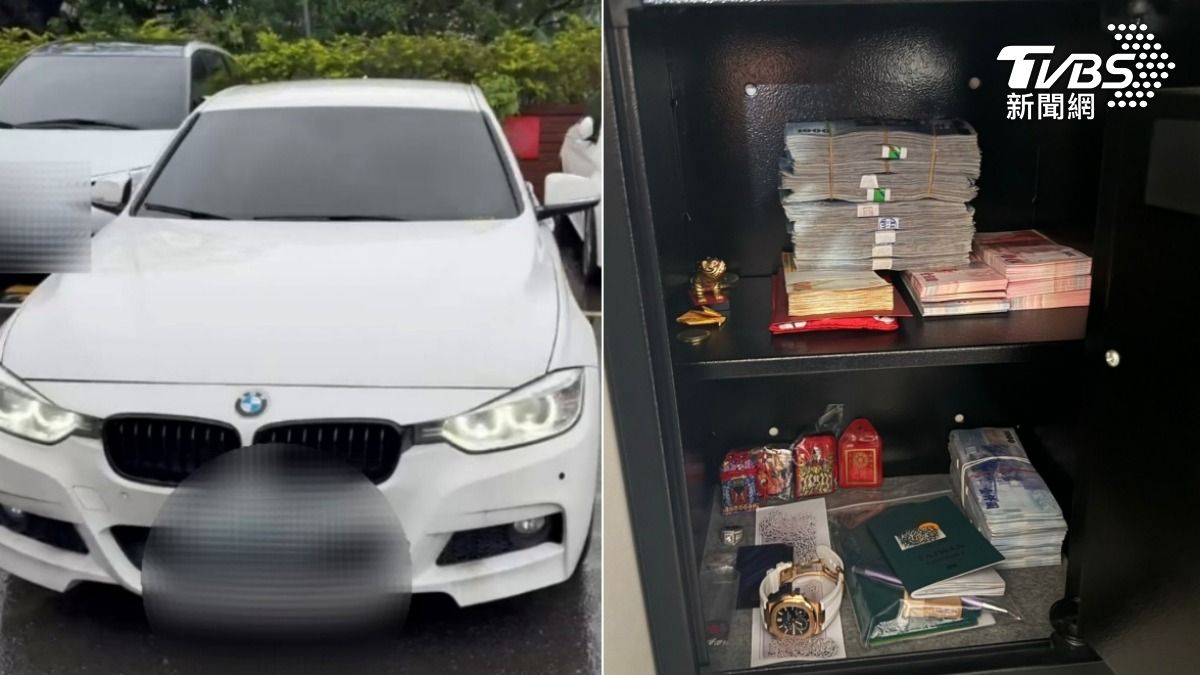 警方搗破黑幫詐團據點，查扣BMW豪車、名錶及大量贓款。（圖／TVBS）