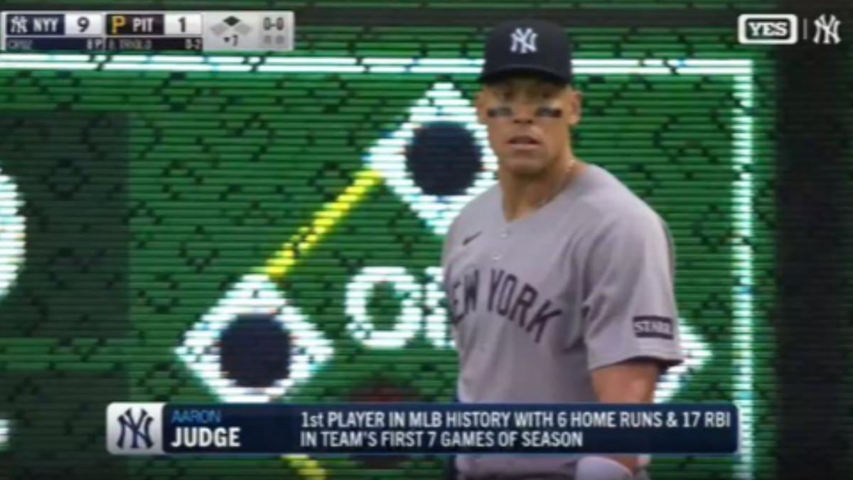 洋基隊長賈吉成為大聯盟歷史第一位在開季前7場就繳出6轟和17打點。（圖／翻攝自 X@FanDuel）