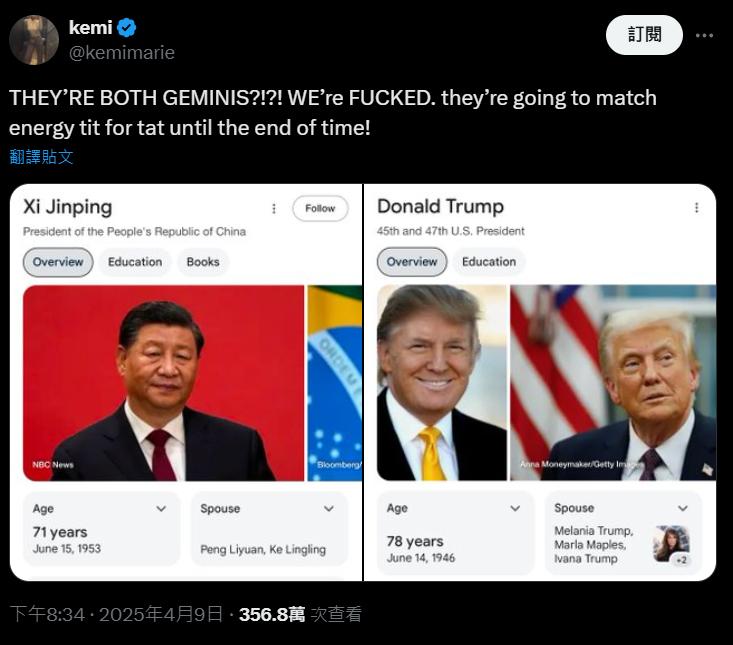 川普與習近平都是雙子座，在X上引發網友討論。（圖／翻攝自X @kemimarie）