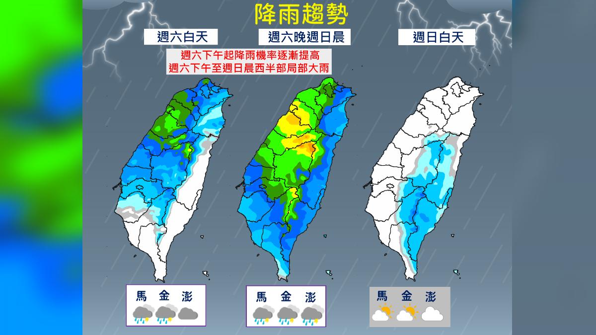周末降雨趨勢。（圖／氣象署）