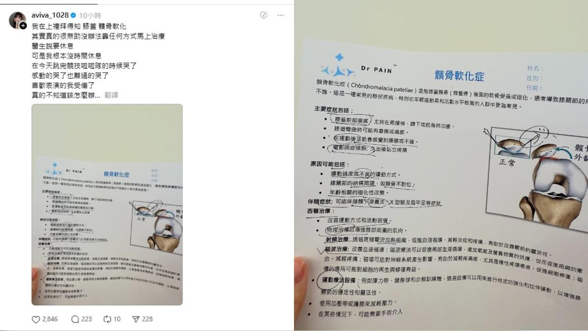 李恩菲透露自己膝蓋使用過度造成「髕骨軟化症」，感到難過與無助。（圖／翻攝自李恩菲Threads）