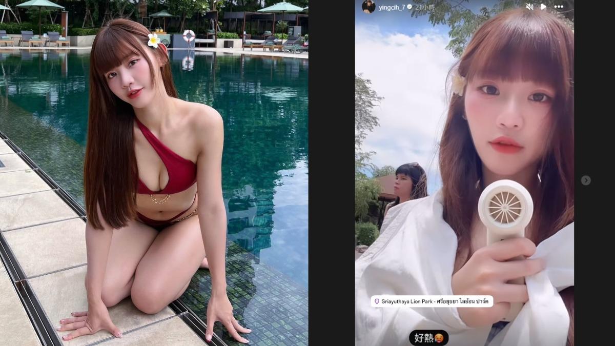 小映跪坐在泳池旁邊，彎下腰來用雙手扶地，火辣指數破表。（圖／翻攝自小映IG）