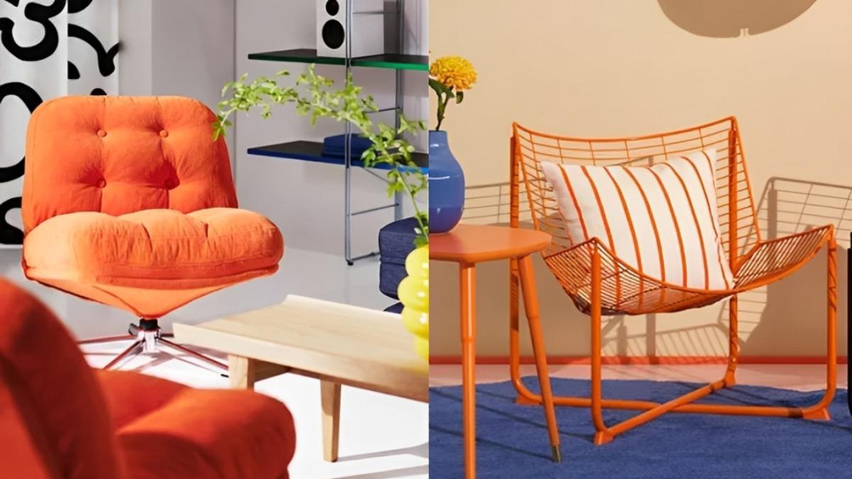 左圖為IKEA「DYVLINGE旋轉扶手椅」新色亮橘，右圖為鏤空感的「SKÅLBODA扶手椅」。（圖／IKEA官網）