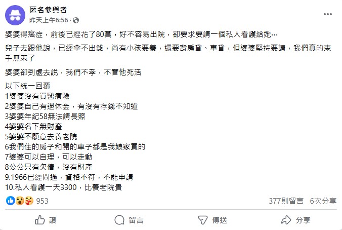 原PO與丈夫拒絕幫婆婆請看護，結果挨罵不孝。（圖／翻攝自「毒姑九賤婆媳討論區」臉書）