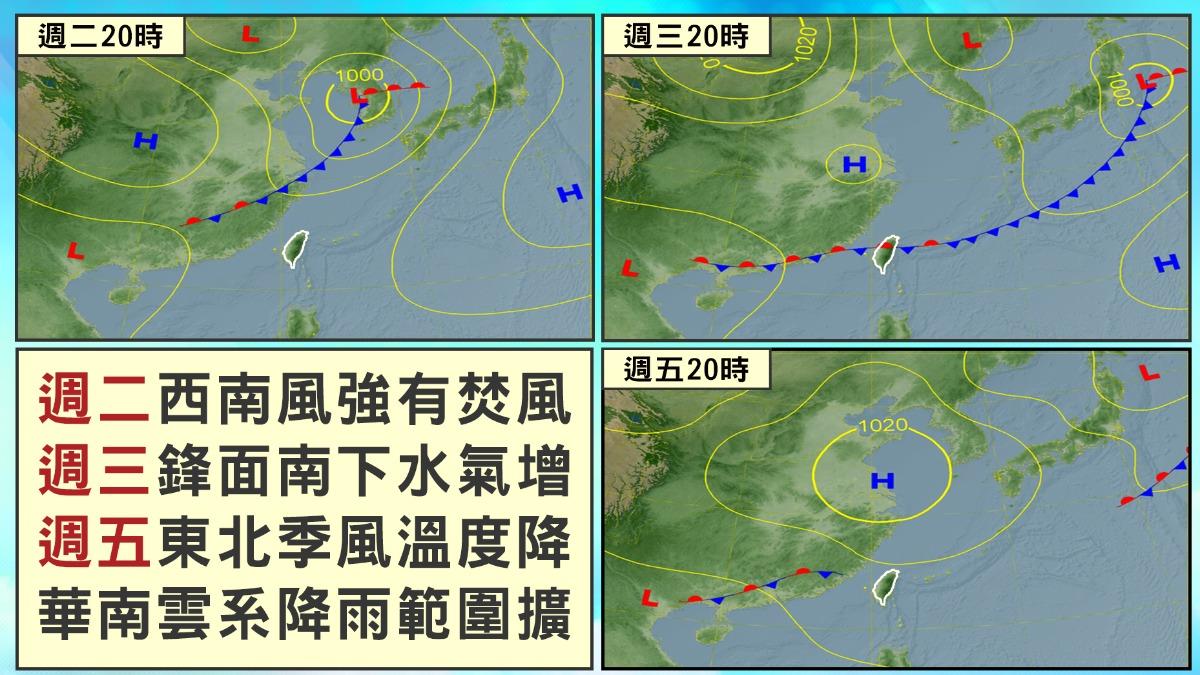 週三起降雨增天氣轉濕涼至週六，週日轉熱氣溫回升。（圖／TVBS）