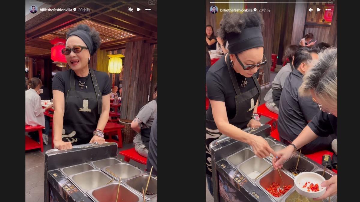 比莉體驗當火鍋店服務生，推著醬料車沿路推銷叫喊。（圖／翻攝自比莉IG）