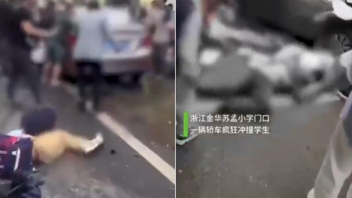 中國浙江省金華市蘇孟小學22日發生門口有車輛無差別衝撞人群的事件。（圖／翻攝自X@RFA_Chinese）
