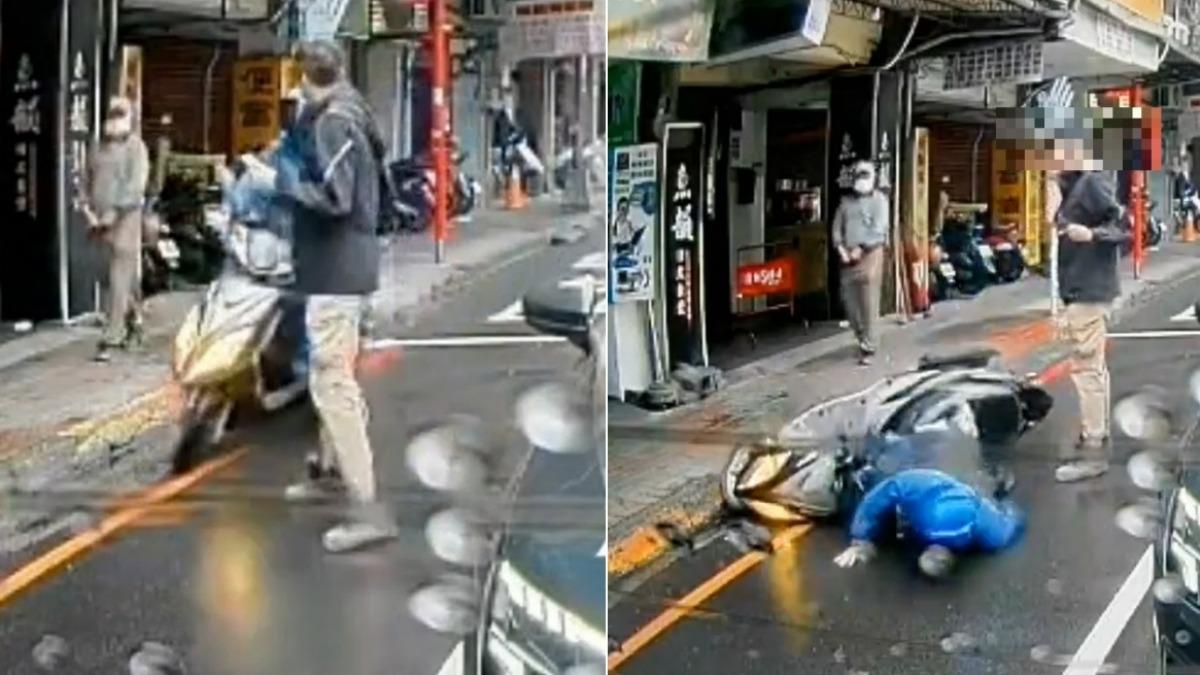 行人穿越車陣，害機車騎士急煞慘摔。（圖／翻攝社會事新聞影音）