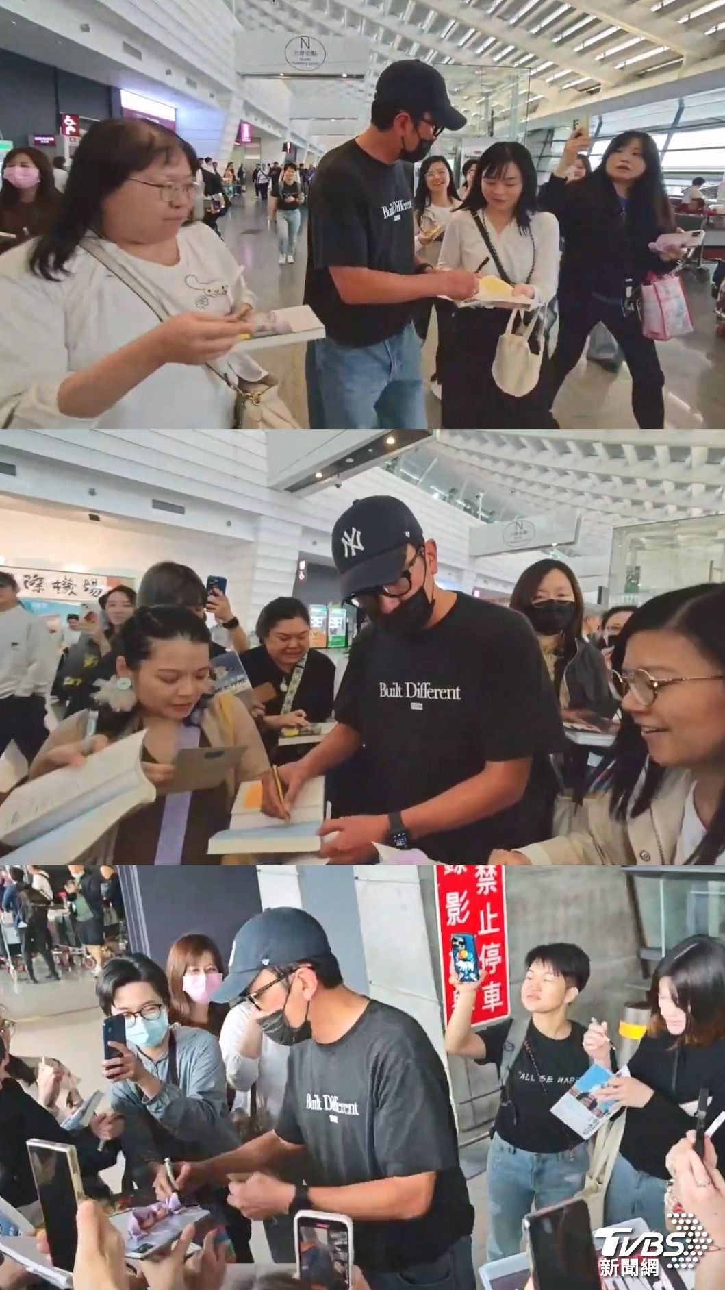 河正宇一路從機場大廳簽名簽到外頭。（圖／林志偉攝）