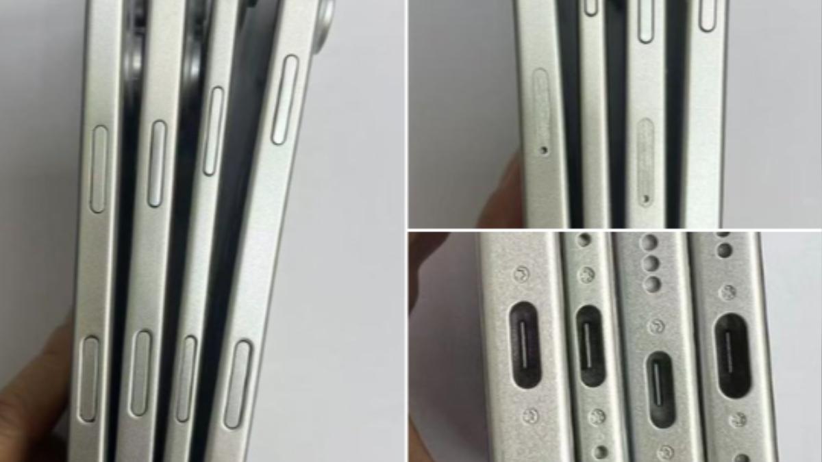 科技爆料客曝光iPhone 17 Air（左3）的超薄機身，同時表示有機會成為蘋果首支「無實體SIM卡」的手機。（圖／翻攝自 X@SonnyDickson）