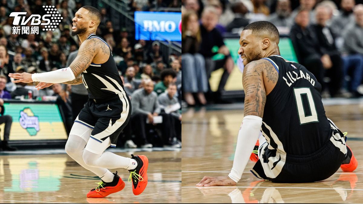 里拉德(Damian Lillard)在對上溜馬G4第一節比賽時間剩下6:12爭搶籃板球時無碰撞倒地。(圖/達志影像美聯社) 里拉德-溜馬-G4-第一節-比賽-時間-剩下-6:12-爭搶-籃板球-無碰撞-倒地