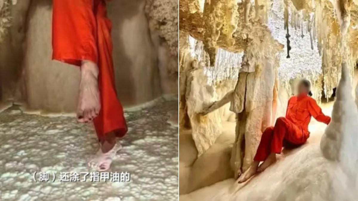 陸女赤腳伸進4.8億年歷史的晶化池。（圖／翻攝自 微博）