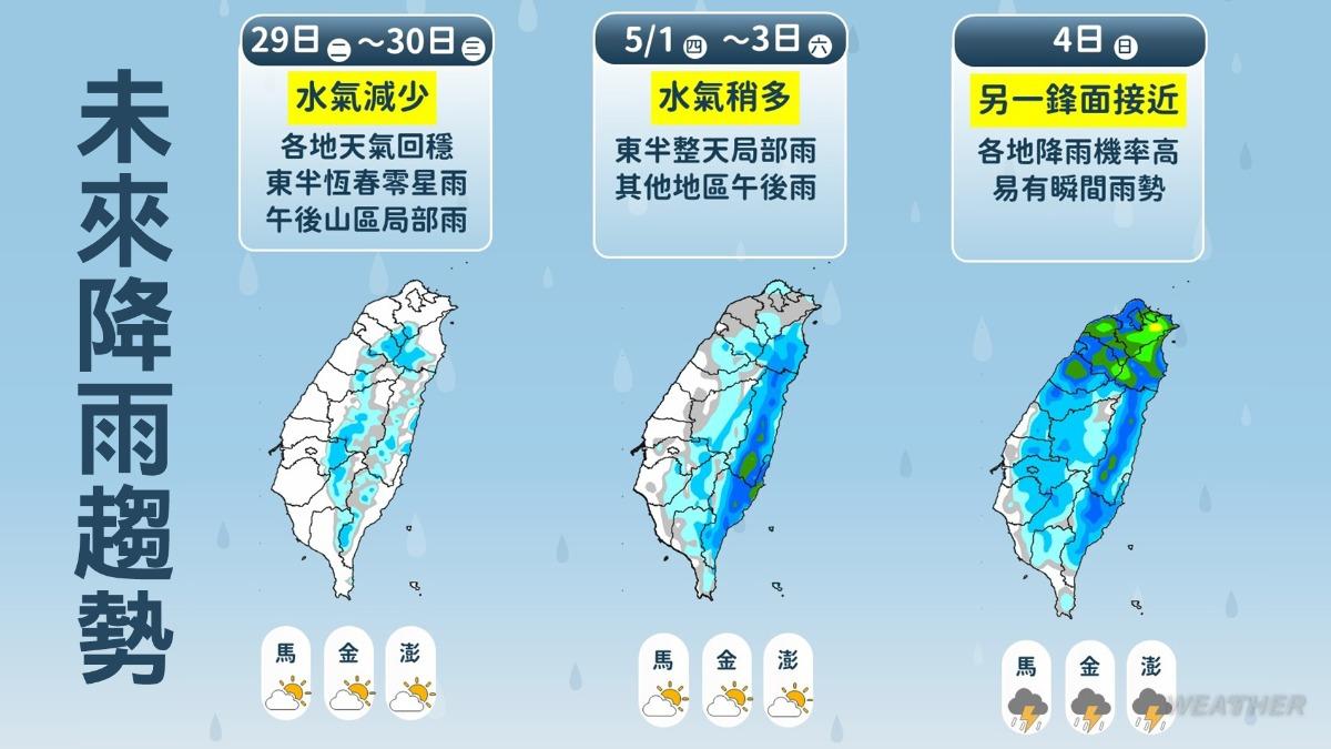 5月4日起另一波鋒面接近，各地降雨機率提高。（圖／TVBS）