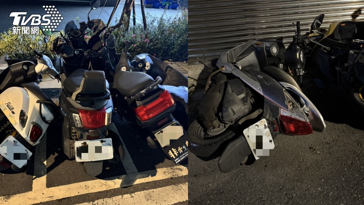 一整排機車被女子推倒。（圖／TVBS）