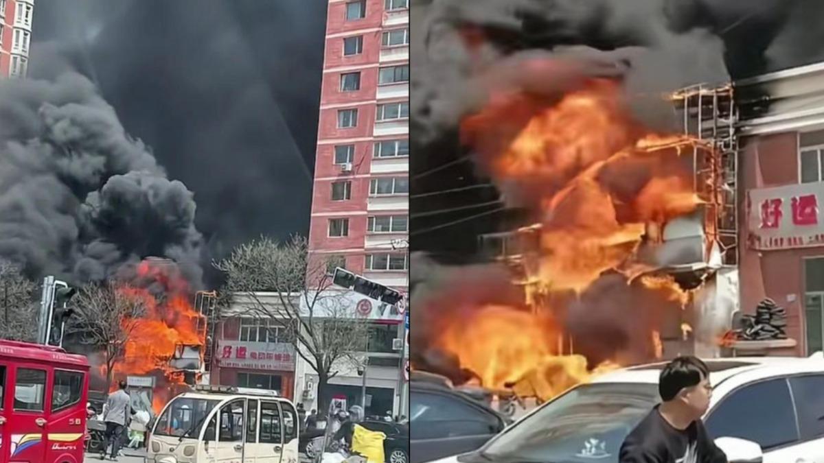 中國遼寧一間飯店大火，整棟建築遭烈焰吞噬。（圖／翻攝自網易新聞）