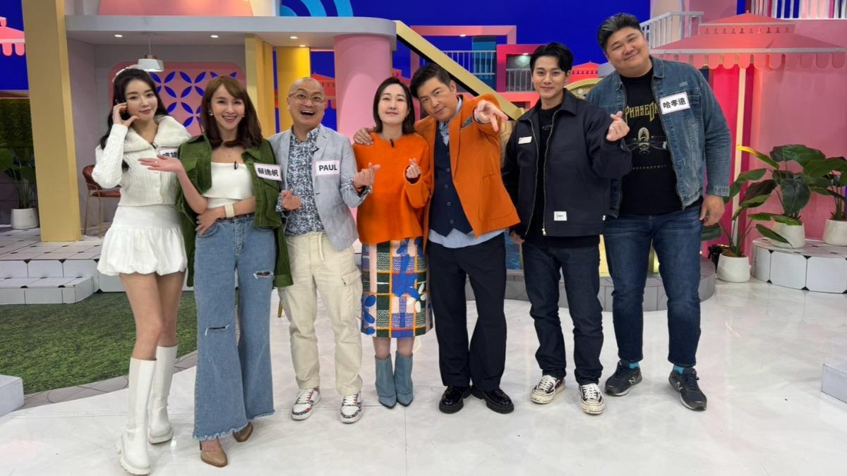 成語蕎（左起）、蔡逸帆、Paul、巴鈺、曾國城、李唯楓、哈孝遠日前錄影。（圖／緯來綜合台提供）