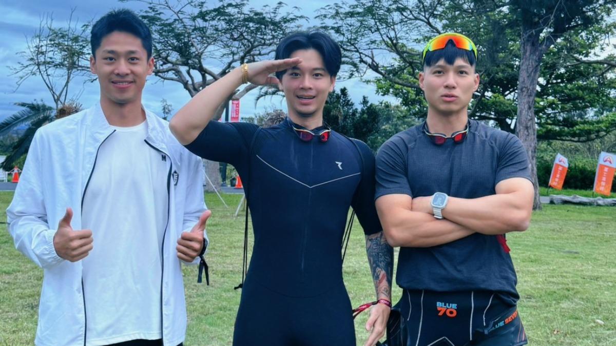 台灣蛙王蔡秉融（左）、高爾宣（中）、健身教練James（右）。（圖／龍大謝音樂提供）