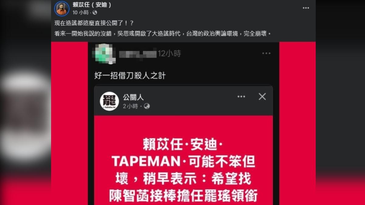 粉專說賴苡任可能不笨但壞。(圖/翻攝自賴苡任臉書)
