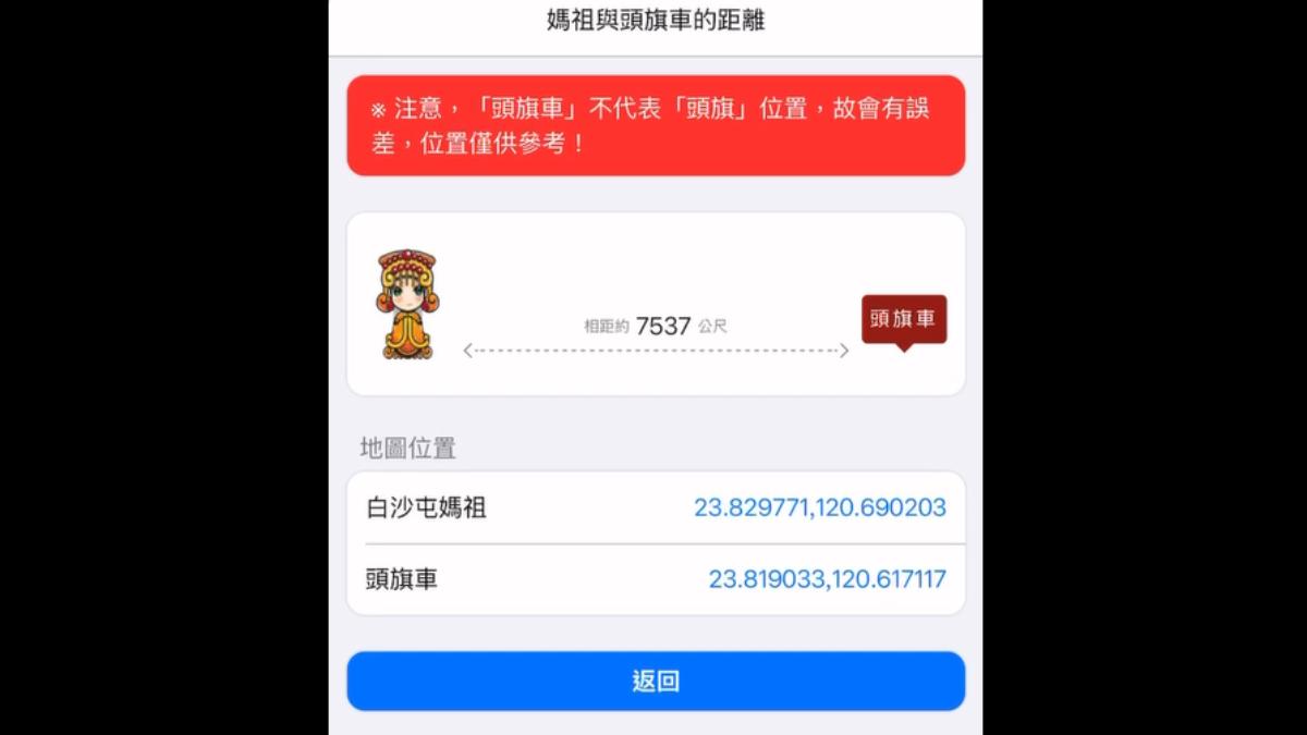 頭旗組和媽祖的鑾轎相距7300多公尺。(圖/白沙屯GPS)