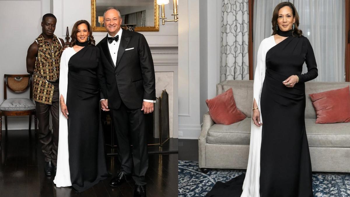 賀錦麗身穿一襲優雅的黑白禮服，與丈夫一同出席Met Gala。（圖／翻攝自IG @vanityfair）