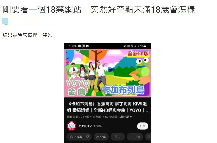 原PO點選「未滿18歲」，結果手機竟自動導流至兒童頻道。（圖／翻攝自Dcard）