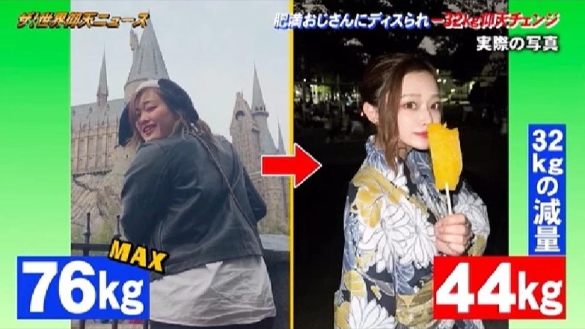 日妞紅葉狠甩32kg登節目，3年從76kg到44kg。（圖／翻攝自threads＠momiji_1007）