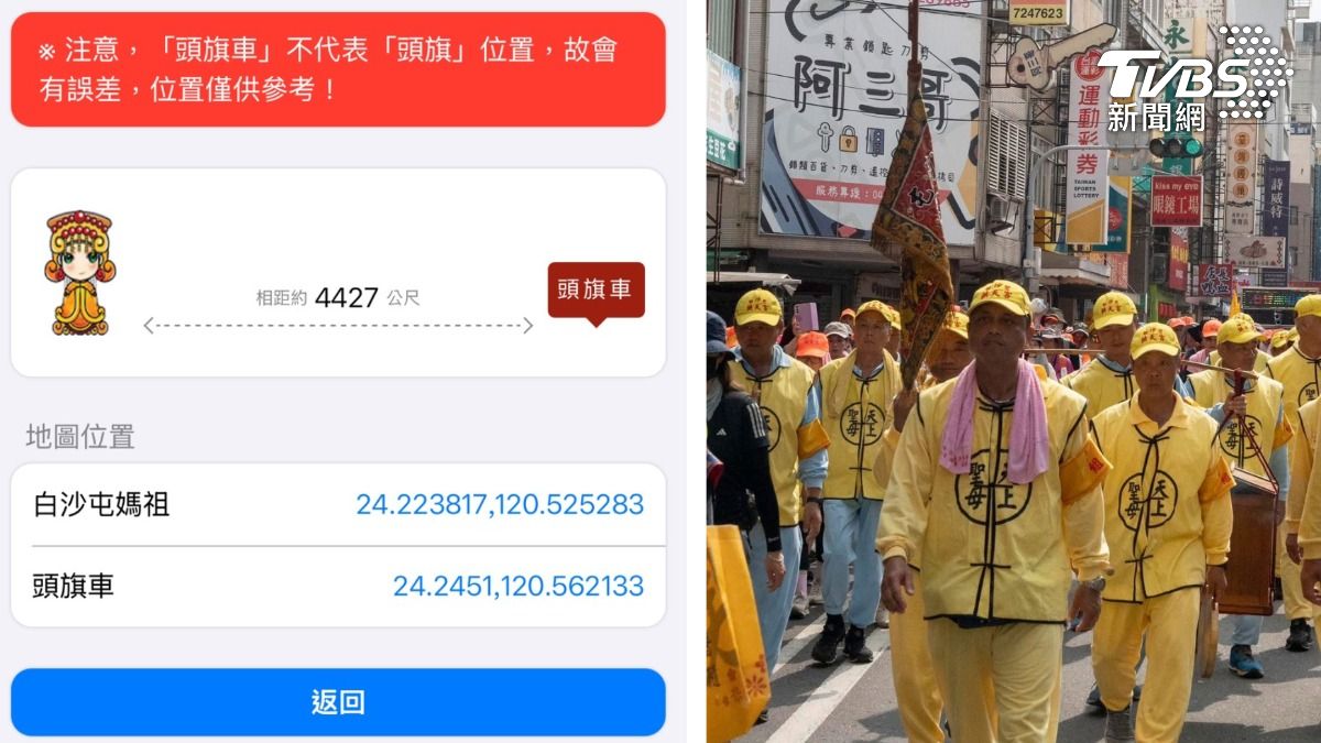 稍早頭旗和鑾轎相距4400公尺。（圖／白沙屯拱天宮）
