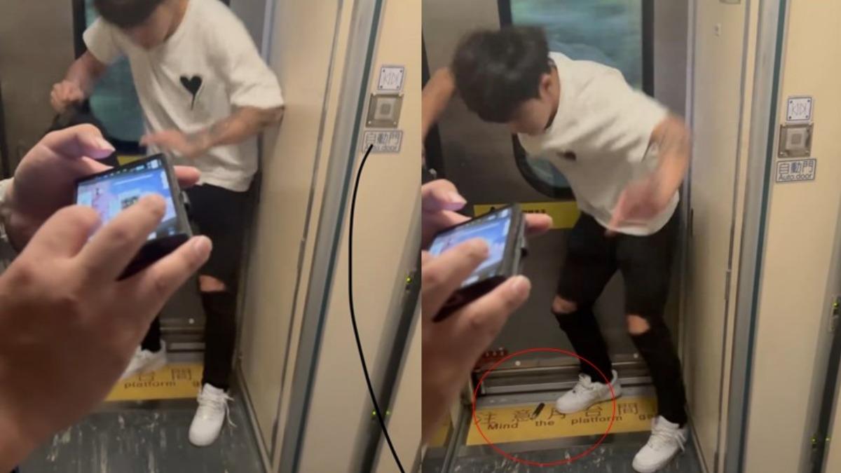 有網友發影片，男子在台鐵車廂內狂抖，還掉出電子煙，被網友懷疑吸食喪屍菸彈。（圖／翻攝自Threads）