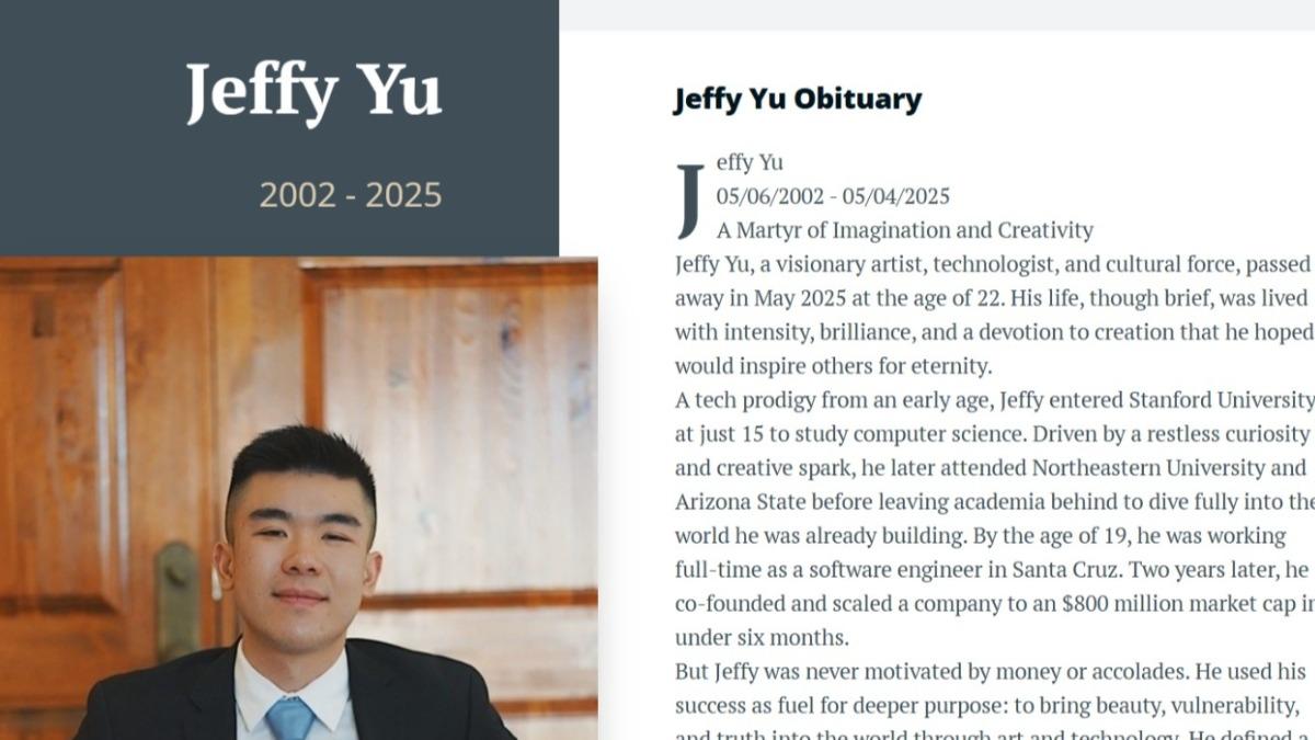 加密貨幣「Zerebro」共同創辦人余傑菲Jeffy Yu於5月4日直播中假裝自盡，還PO訃聞。（圖／翻攝＠RepeatAfterVee）