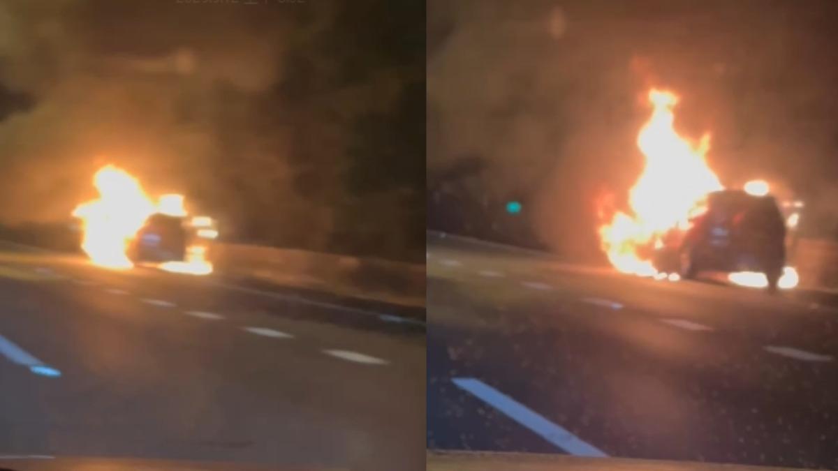 國道一號火燒車意外，詳細起火原因待釐清。（圖／翻攝自記者爆料網）