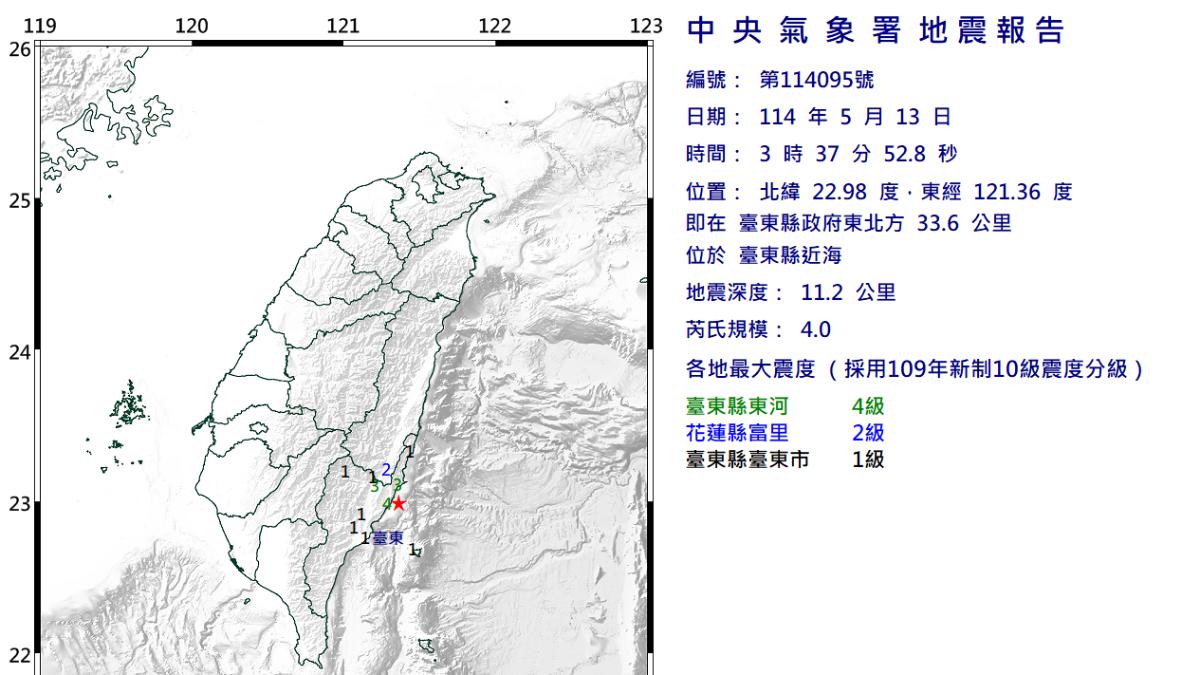 今日凌晨3時37分發生芮氏規模4地震。（圖／中央氣象署）