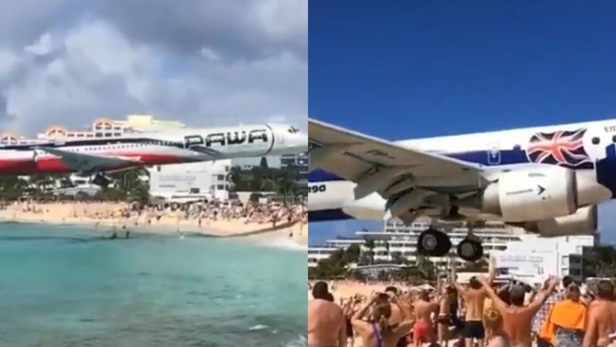 荷屬聖馬丁的旅遊勝地瑪侯海灘因能近距離觀賞飛機起降而聞名。（組圖／翻攝自 X@earthcurated、@webflite）