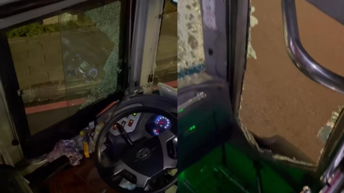 前擋風玻璃碎成蜘蛛網狀，車門及前半部乘客座位玻璃則碎滿地。（圖／翻攝爆料公社）