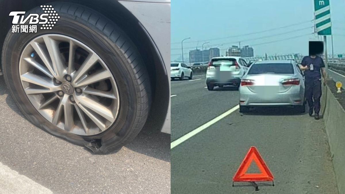 台中男快速道路上遇爆胎，放完路障就回去車上休息等待，直到警方來了才下車。（圖／TVBS）