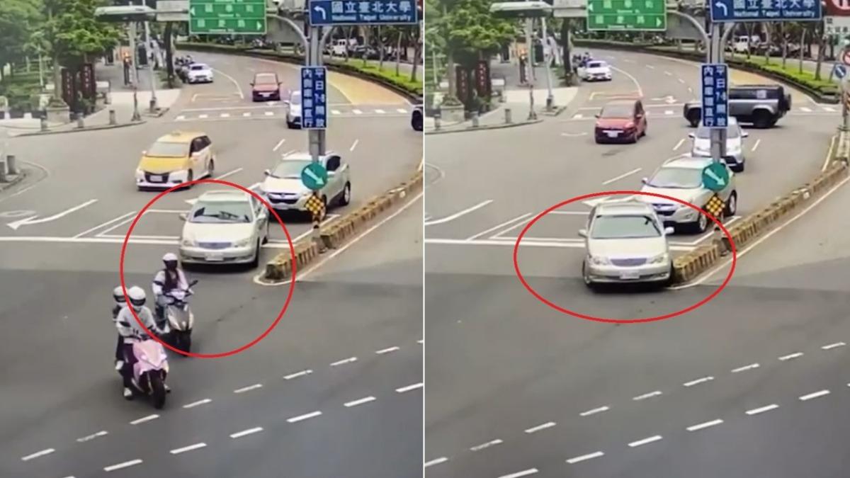 老翁與死亡的女騎士在路口相會，雙方當下並未發生行車糾紛。（圖／翻攝畫面）