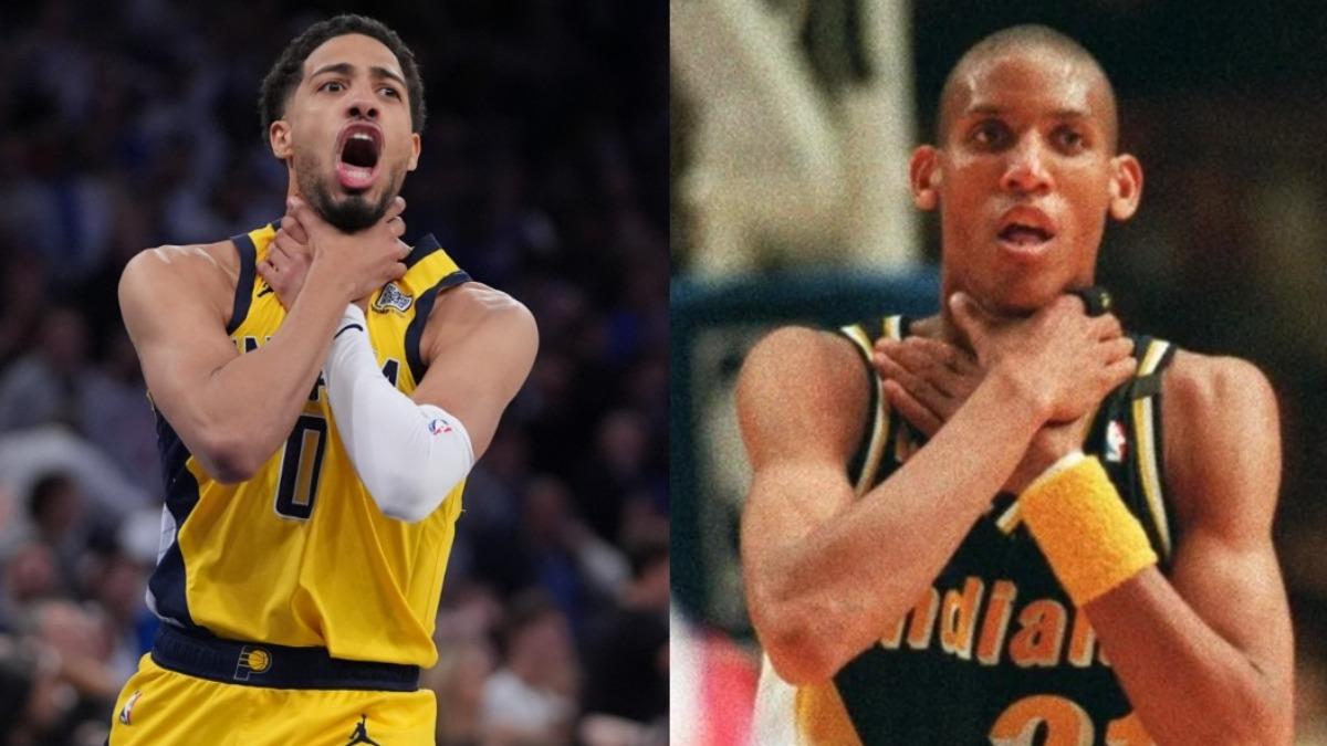 哈利伯頓（Tyrese Haliburton）做出「掐喉」致敬大前輩米勒（Reggie Miller）。（組圖／達志影像美聯社、Threads）
