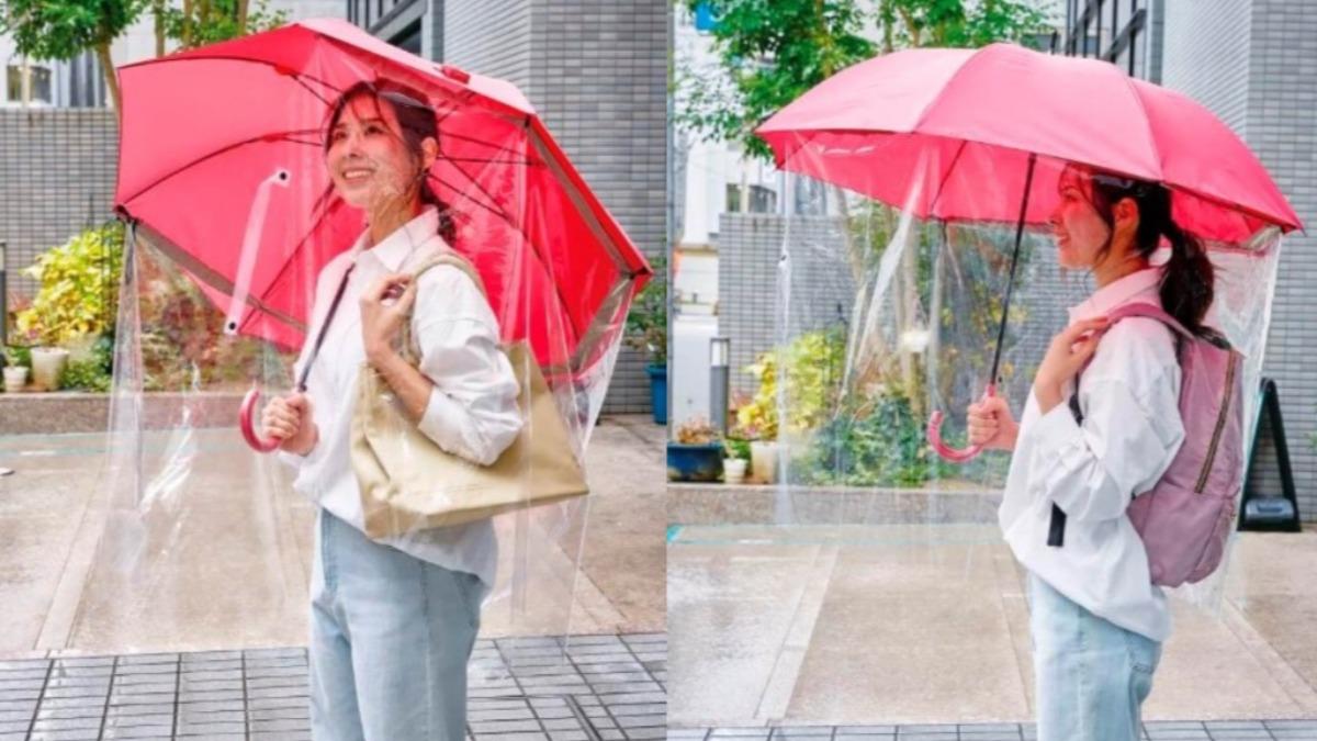 透明塑膠布沿著傘緣往下覆蓋全身,形成一層防護罩,能阻擋側邊被強風吹來的雨水。(組圖/翻攝自 cogit.co.jp)