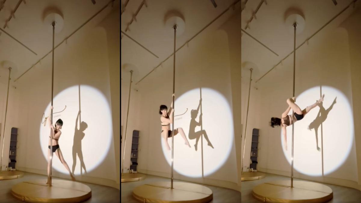 徐小可在鋼管上進行倒掛、優雅旋轉等高難度動作，從起跳到落地都流暢俐落，展現出強大的肌耐力。（圖／翻攝自白吉勝&徐小可 Love 白宮這一家 Pai’s Family　臉書）