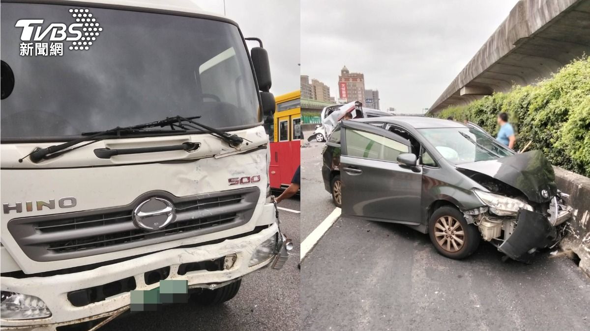 大貨車駕駛疑似未保持安全車距，追撞前方車輛，共波及7輛車。（圖／TVBS）