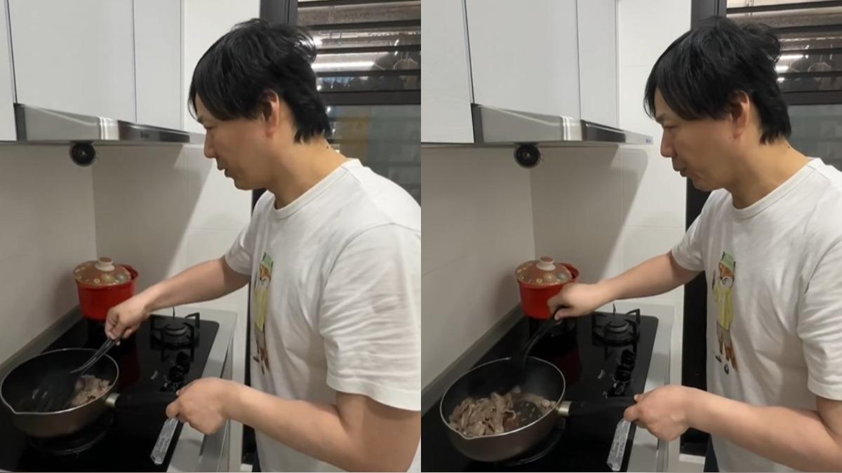 蕭煌奇化身大廚，在廚房俐落翻炒牛肉，動作熟練、氣勢十足。（圖／翻攝自蕭煌奇Threads）