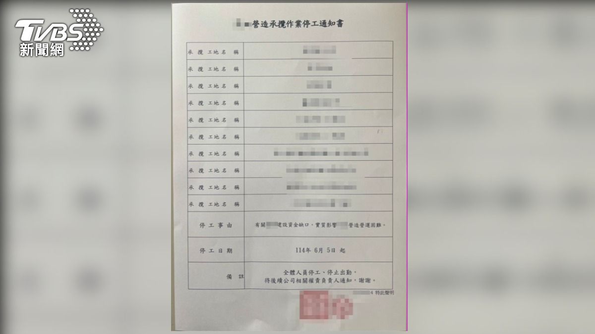 高田營造6月4日發出承攬作業停工通知書，承包的10處工地全面停擺。（圖／TVBS）