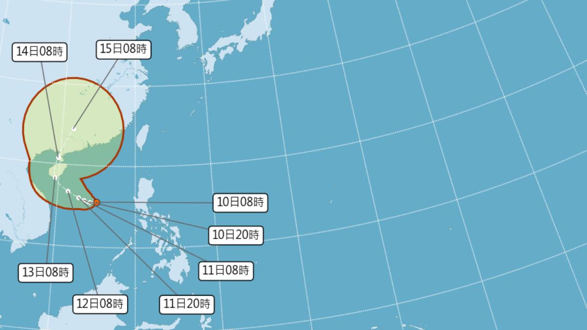 南海熱帶性低氣壓最快明天凌晨至清晨生成輕度颱風「蝴蝶」。（圖／氣象署）