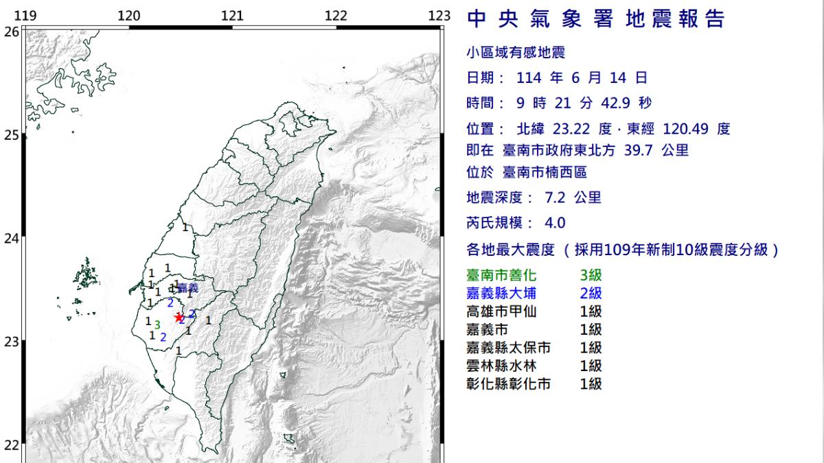 台南發生規模4.0地震。(圖/中央氣象署) 台南發生規模4.0地震。(圖/中央氣象署)